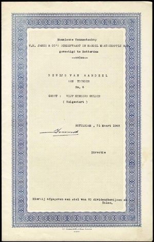 W. H. James & Co's Scheepvaart en Handel Maatschappij N.V., Bewijs van aandeel, 500 Gulden, 31 March 1948
