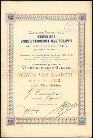 Nederland, Onderlinge Schroefstoomboot-Maatschappij N.V., Bewijs van aandeel, serie B, 10 Gulden, 15 July 1898