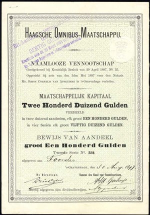 Haagsche Omnibus-Maatschappij N.V., Bewijs van aandeel, 100 Gulden, 30 August 1897