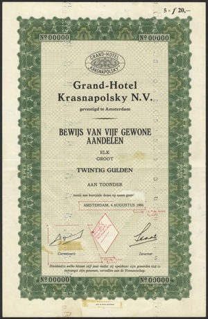 Grand-Hotel Krasnapolsky N.V., Bewijs van 5 Gewone aandelen, 100 Gulden, 4 Augustus 1966, Specimen