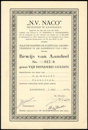 Naco N.V., Bewijs van aandeel B, 500 Gulden, 1 July 1930