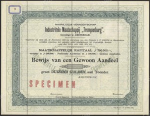 Industriëele Maatschappij Trompenburg N.V. (Spijker), Bewijs van Gewoon Aandeel, 1000 Gulden, 1898, SPECIMEN