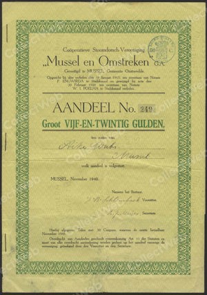 Coöperatieve Stoomdorsch-Vereeniging Mussel en Omstreken G.A., Aandeel, 25 Gulden, November 1940