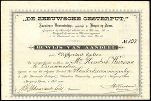 De Zeeuwsche Oesterput N.V., Bewijs van aandeel, 500 Gulden, 1 July 1883