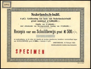 Nederlandsch-Indie, 6% Externe lening 1923, Recepis voor een schuldbewijs, 500 Pond, 15 Februari 1923, SPECIMEN