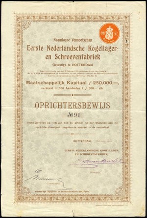 Eerste Nederlandsche Kogellager- en Schroevenfabriek N.V., Oprichtersbewijs, February 1912