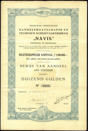 Handelsmaatschappij en Technisch Scheepvaartbureau "Navis" N.V., Bewijs van aandeel, 1000 Gulden, 10 October 1918