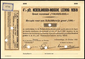 Nederlandsch-Indie, 4,5% lening 1926B, Recepis voor een schuldbewijs, 100 Gulden, 15 October 1926, PROOF