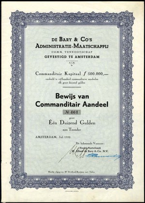De Bary & Co.'s Administratie-Maatschappij C.V., Bewijs van commanditair aandeel, 1000 Gulden, July 1932