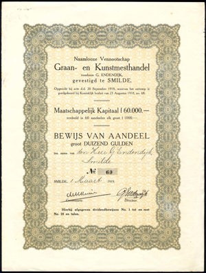 Graan- en Kunstmesthandel voorheen G. Endendijk N.V., Bewijs van aandeel, 1000 Gulden, 1 Maart 1919