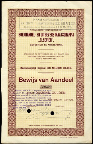 Boekhandel- en Uitgevers-Maatschappij "Elsevier" N.V., Bewijs van aandeel, 1000 Gulden, 1 April 1918