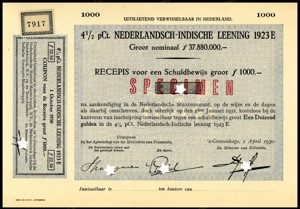 Nederlandsch-Indie, 4,5% lening 1923E, Recepis voor een schuldbewijs, 1000 Gulden, 1 April 1930, SPECIMEN