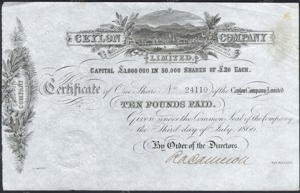 Great Britain, Ceylon Company Limited, Certificate for one share, 20 Pounds, 3 july 1866