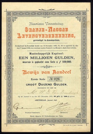 Oranje-Nassau Levensverzekering N.V., Bewijs van aandeel, Eerste serie, 1000 Gulden, January 1896