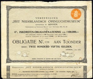 Vereeniging "Het Nederlandsch Openluchtmuseum", Obligatie, 250 Gulden, 1914
