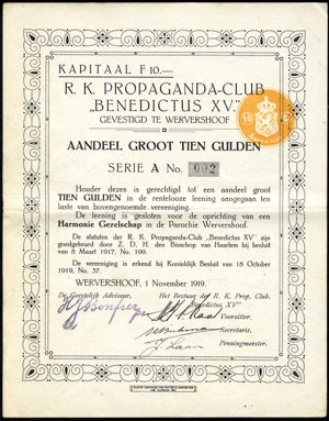 Nederland, R.K. Propaganda-club "Benedictus XV", Aandeel, 10 Gulden, 1 November 1919