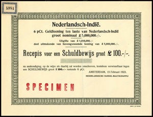 Nederlandsch-Indie, 6% Externe lening 1923, Recepis voor een schuldbewijs, 100 Pond, 15 Februari 1923, SPECIMEN