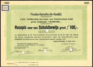 Nederlandsch-Indie, 5% lening 1916, Recepis voor een schuldbewijs, 100 Gulden, 23 Juni 1916, PROOF