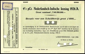 Nederlandsch-Indie, 4,5% lening 1926A, Recepis voor een schuldbewijs, 1000 Gulden, 1 Juli 1926, SPECIMEN