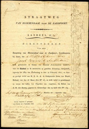 Nederland, Straatweg van Boemendaal naar De Zandpoort, Aandeel, 1000 Gulden, 1 September 1822