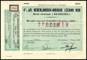 Nederlandsch-Indie, 4,5% lening 1929, Recepis voor een schuldbewijs, 1000 Gulden, 1 October 1929, SPECIMEN