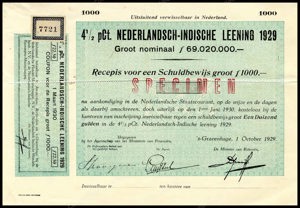 Nederlands-Indië, 4,5% lening 1929, Recepis voor een schuldbewijs, 1000 Gulden, 1 October 1929, SPECIMEN