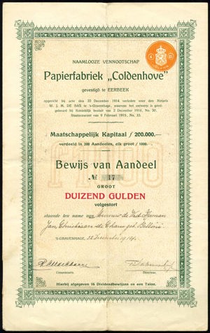 Papierfabriek "Coldenhoven" N.V., Bewijs van aandeel, 1000 Gulden, 22 December 1914