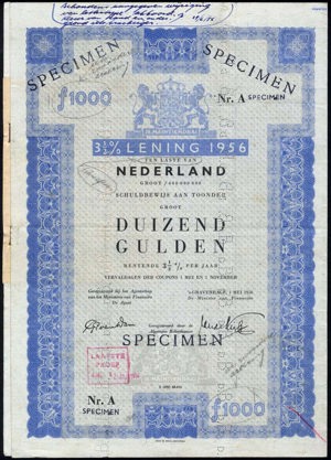Koninkrijk der Nederlanden, Schuldbewijs aan toonder, 1000 Gulden, 1 May 1956, LAST PROOF (2 July 1956)