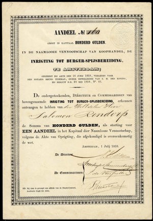 Inrigting tot Burgerspijsvertering, Aandeel, 100 Gulden, 1 Juli 1859