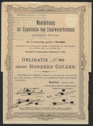 Nederland, Maatschappij tot Exploitatie van Staalwaterbronnen, Obligatie, 100 Gulden, 1 Januari 1898
