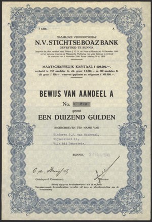Stichtse Boaz Bank N.V., Bewijs van aandeel A, 1000 Gulden, 31 December 1948