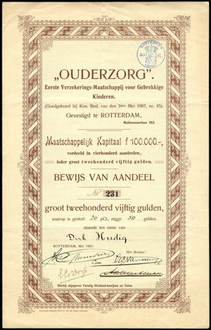 Ouderenzorg, Eerste Verzekerings-Maatschappij voor Gebrekkige Kinderen, Bewijs van aandeel, 250 Gulden, May 1907