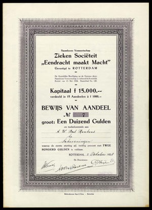 Zieken Sociëteit "Eendracht maakt Macht" N.V., Bewijs van aandeel, 1000 Gulden, 2 October 1928