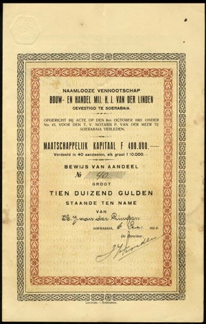 Bouw- en Handel Mij. H.J. van der Linden N.V., Bewijs van aandeel, 10,000 Gulden, 6 December 1923
