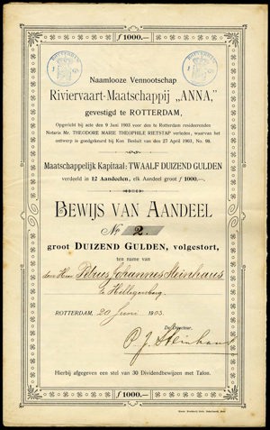 Riviervaart-Maatschappij "Anna" N.V., Bewijs van aandeel, 1000 Gulden, 20 June 1903