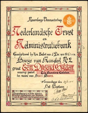 Nederlandsche Trust- en Administratiebank N.V., Bewijs van aandeel, 1000 Gulden, 27 January 1914