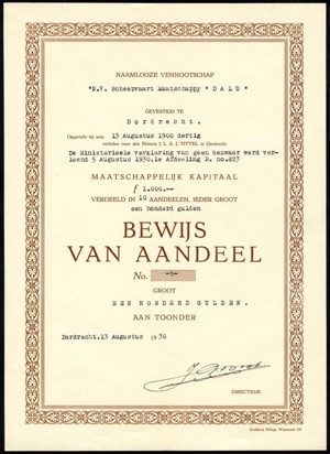 Scheepvaart Maatschappij "Dalu" N.V., Bewijs van aandeel, 100 Gulden, 13 August 1930