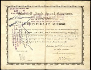 Maxwell Land Grant Company, Certificaat, 1200 Gulden, 21 Februari 1885