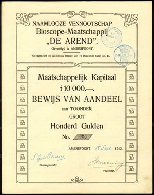 Bioscope-Maatschappij "De Arend" N.V., Bewijs van aandeel, 100 Gulden, 15 September 1913