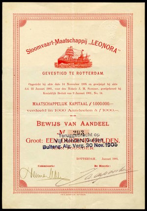 Stoomvaart-Maatschappij "Leonora", Bewijs van aandeel, 1000 Gulden, January 1901