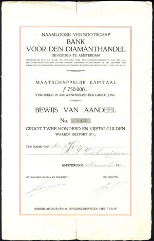 Bank voor den Diamanthandel NV, Bewijs van Aandeel, 250 gulden, 15 Augustus 1919