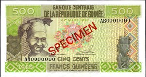 Guinea, P31s, B321bs1, 500 Francs 1985, SPECIMEN