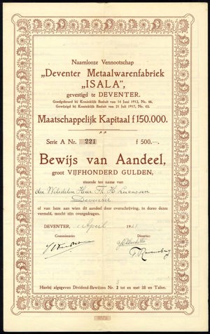 Deventer Metaalwarenfabriek "Isala" N.V., Bewijs van aandeel, 500 Gulden, 1 April 1921