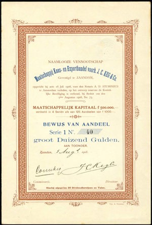 Maatschappij Kaas- en Exporthandel voorh. J. C. Keg & Co. N.V., Bewijs van aandeel, serie 1, 1000 Gulden, 5 August 1908