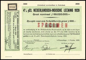 Nederlandsch-Indie, 4,5% lening 1929, Recepis voor een schuldbewijs, 500 Gulden, 1 October 1929, SPECIMEN