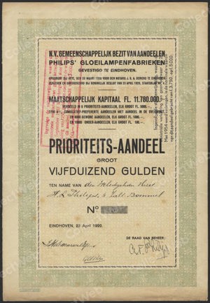 Gemeenschappelijk Bezit van Aandeelen Philips' Gloeilampenfabrieken N.V., Prioriteits-Aandeel, 5000 Gulden, 23 April 1920, Only 6 issued!