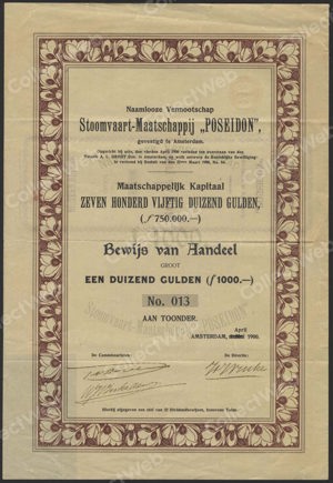 Stoomvaart-Maatschappij Poseidon N.V., Bewijs van Aandeel, 1000 Gulden, April 1900