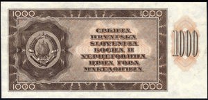 Yugoslavia, P67Xp, Barac Y67p, 1000 Dinara 1950, REVERSE PROOF