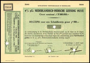 Nederlandsch-Indie, 4,5% lening 1923E, Recepis voor een schuldbewijs, 500 Gulden, 1 April 1930, PROOF