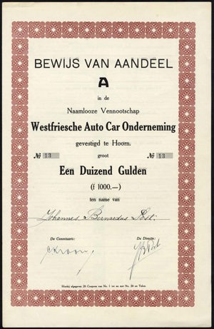 Nederland, Westfriesche Auto Car Onderneming (WACO), Bewijs van aandeel A, 1000 Gulden, 1930